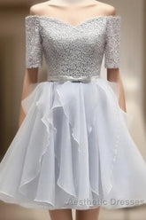 Grey Lace And Organza Homecoming Dresses, Lovely Homecoming Dresses , Short Evening Prom Dresses